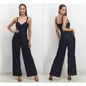 NWT Avec Les Filles Shimmery Velvet Navy Wide Leg Sweetheart Neckline Jumpsuit 8